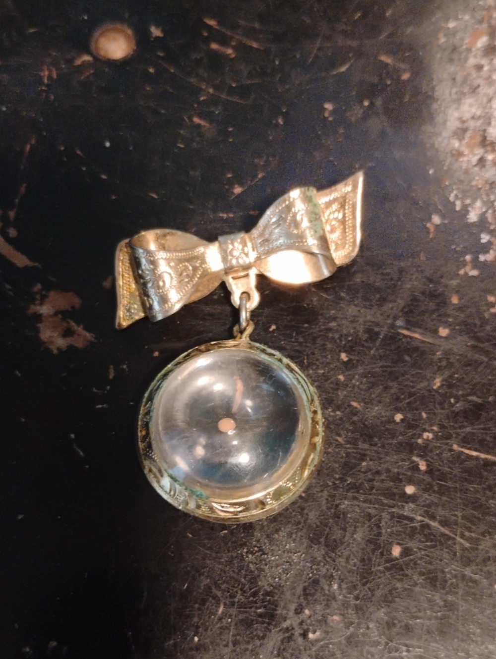 Vintage Silver Bow Brooch with Clear Dome Pendant